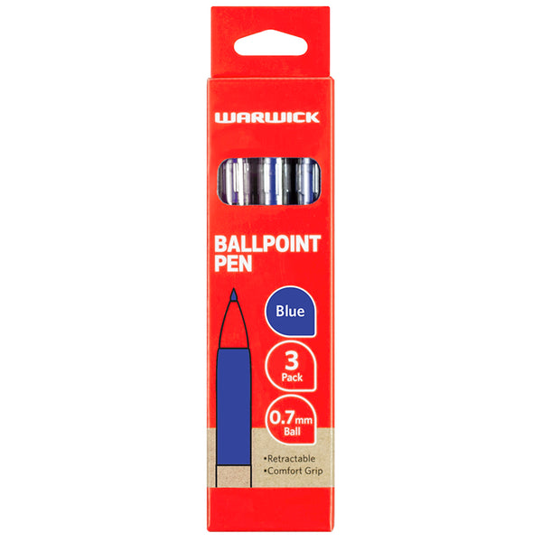 Warwick Pen Ballpoint Blue Retractable Medium Comfort Grip 3 Pack