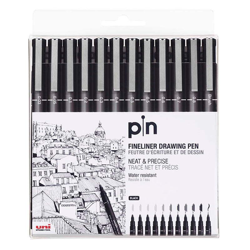 Uni Pin Fineline Permanent Drawing Set 12 Piece