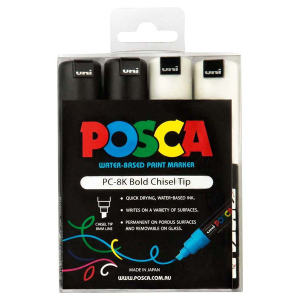 Uni Posca Marker 8.0mm Bold Chisel 4 Pack Black White PC-8K