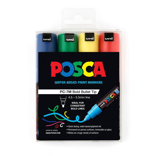 Uni Posca Marker 4.5-5.5mm 4 Pack Green Yellow Red Blue PC-7M