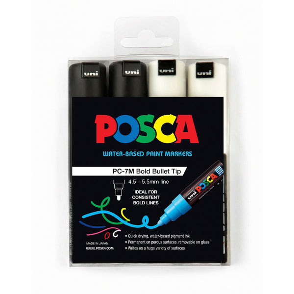 Uni Posca Marker 4.5-5.5mm 4 Pack Black White PC-7M