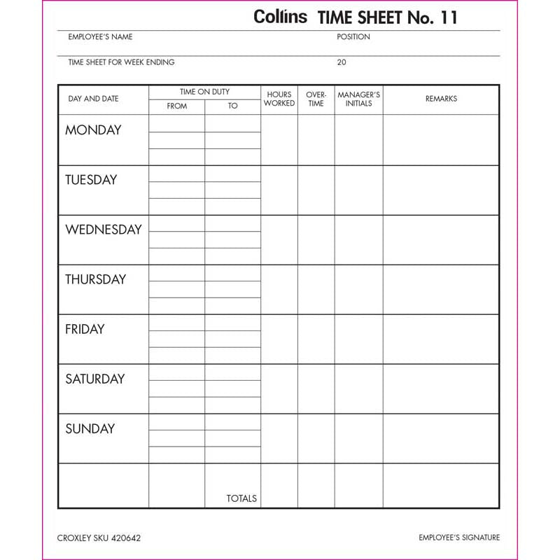 Collins Wage Time Sheets No.11 187x220mm 100 Leaf