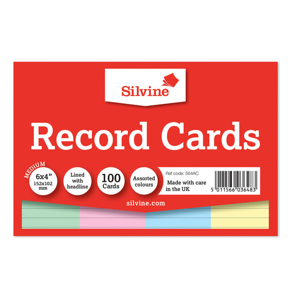 Silvine Record Cards 6x4 Ruled Assorted Colours