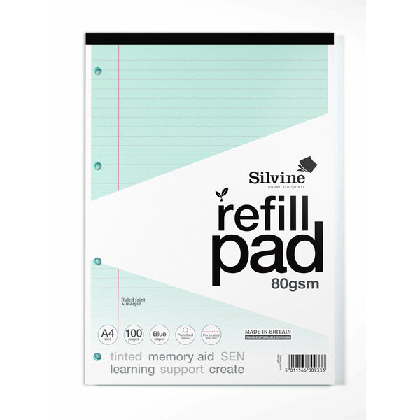 Silvine Tinted Refill Pad A4 8mm Lined with Margin 100 Pages Blue