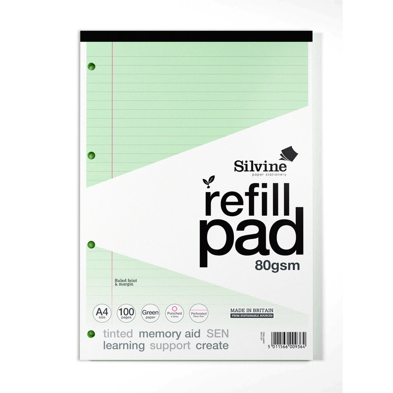 Silvine Tinted Refill Pad A4 8mm Lined with Margin 100 Pages Green